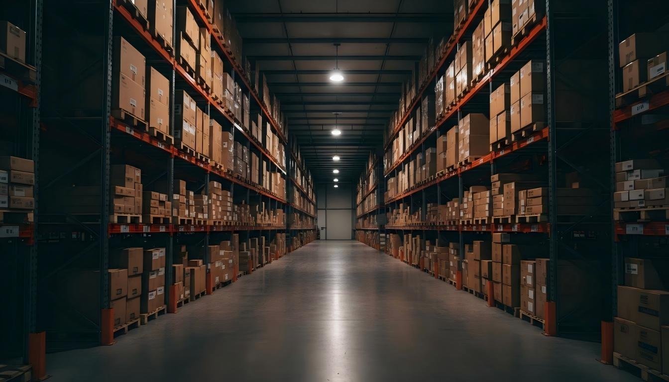Warehouse aisle with boxed inventory