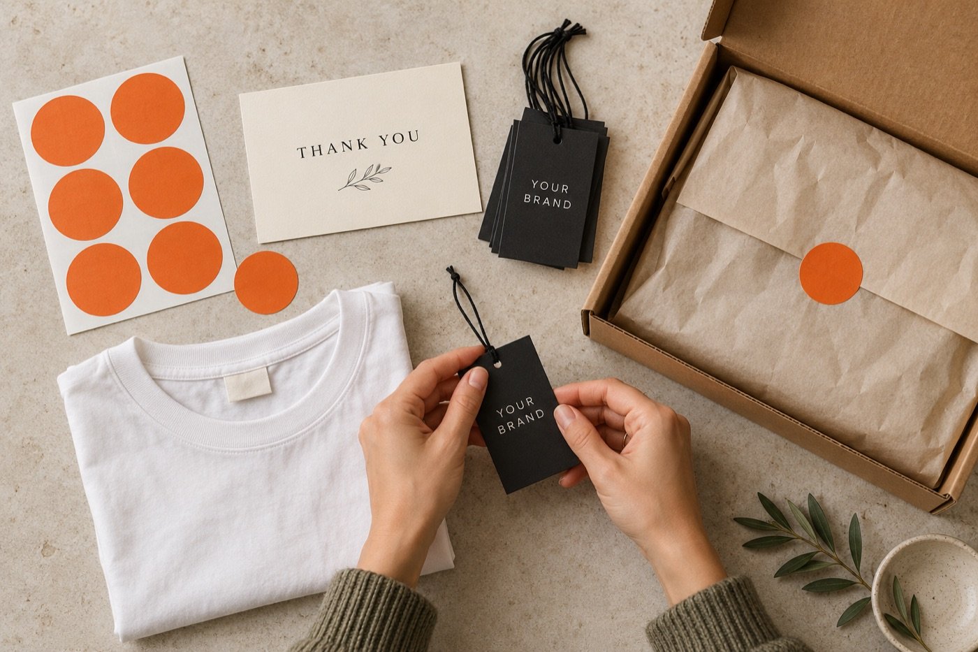 Stickers, thank-you cards, garment tags and a packaging box