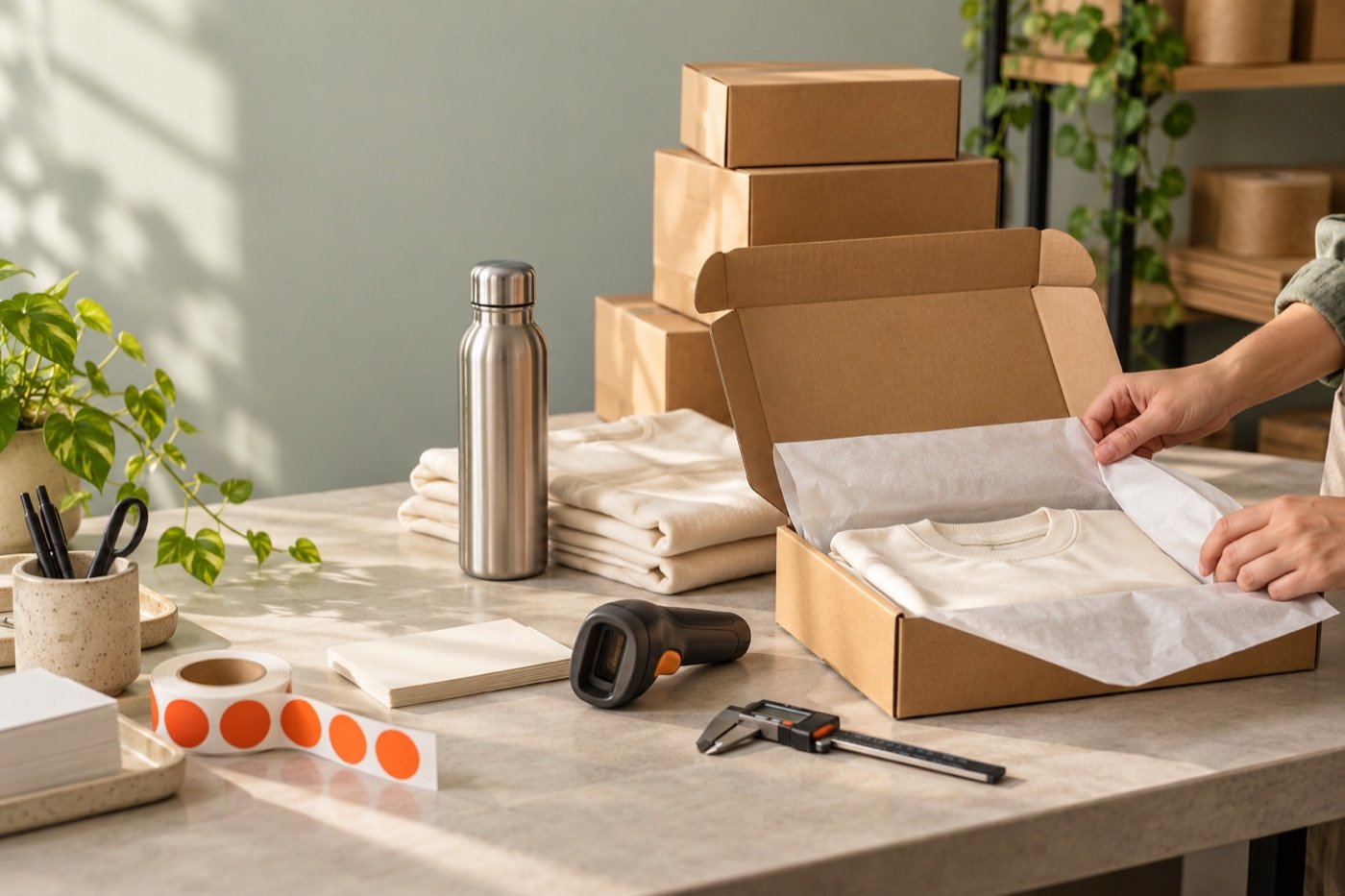Illustrative packing scene with a mailer, apparel and order preparation tools