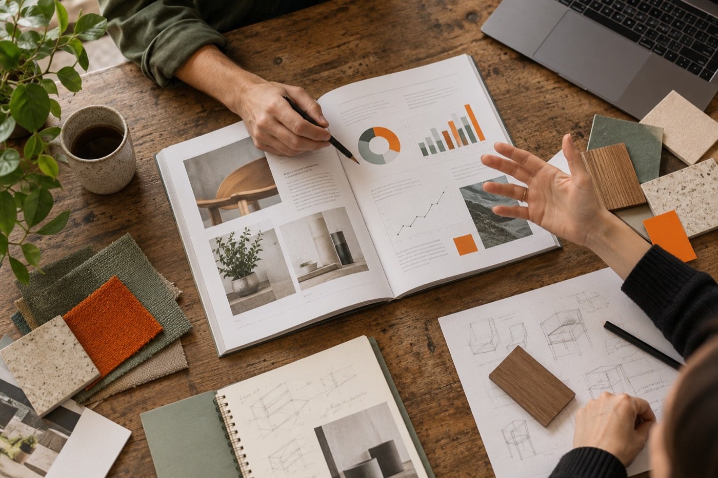 Illustrative editorial planning table with reference pages, sketches and material samples