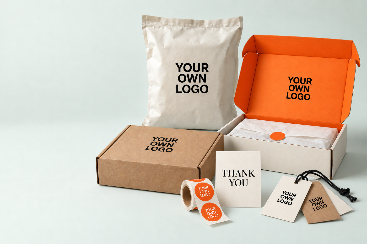 Custom packaging with branded stickers, a thank-you card and clothing hang tags