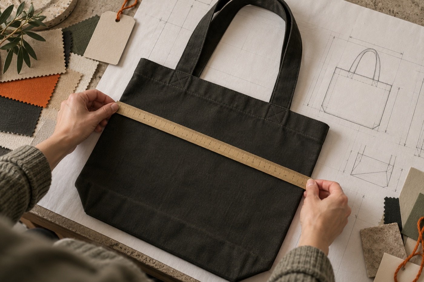 Measuring a canvas tote against a product specification sketch