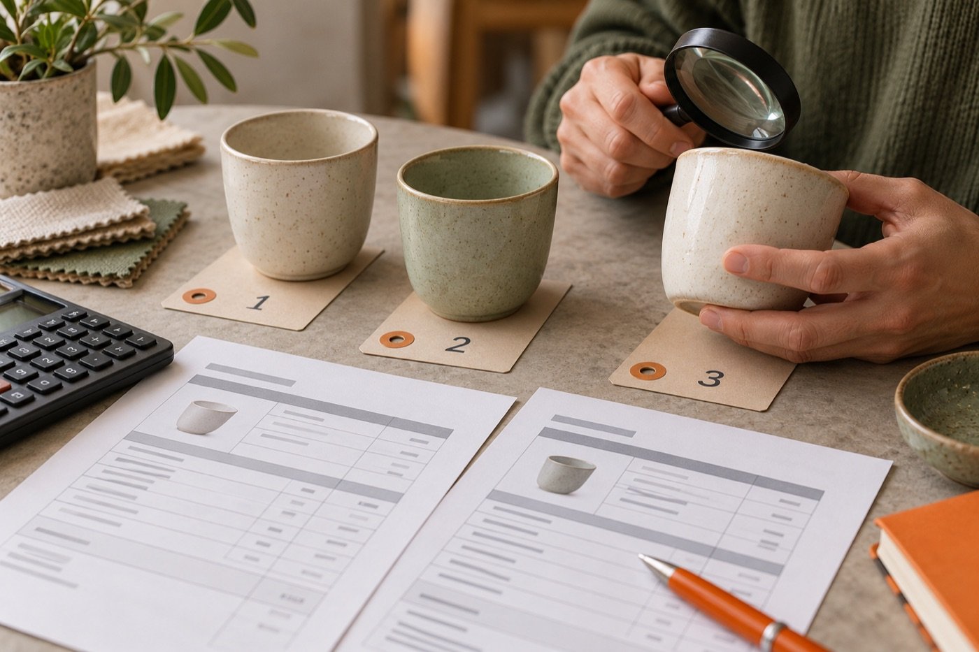 Comparing ceramic samples and supplier quotation sheets