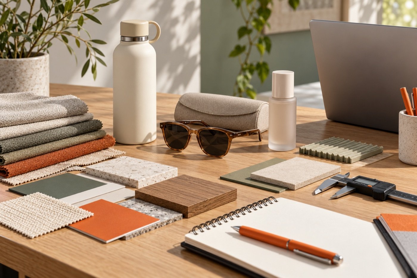 Illustrative product sourcing desk with samples and material swatches