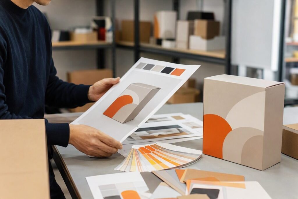 Designer reviewing packaging proofs and a branded box
