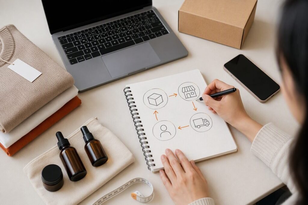 Flat lay of a new dropshipping seller's starter kit