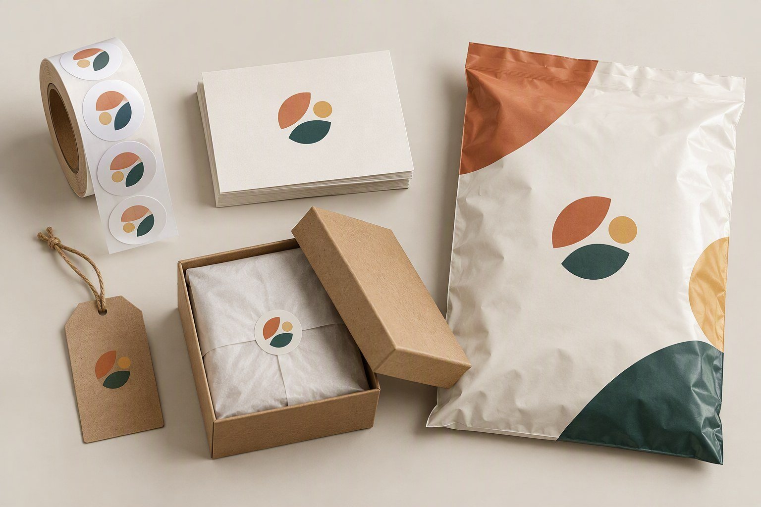 Illustrative white label branding materials: sticker roll, thank-you cards, hang tags and branded kraft box