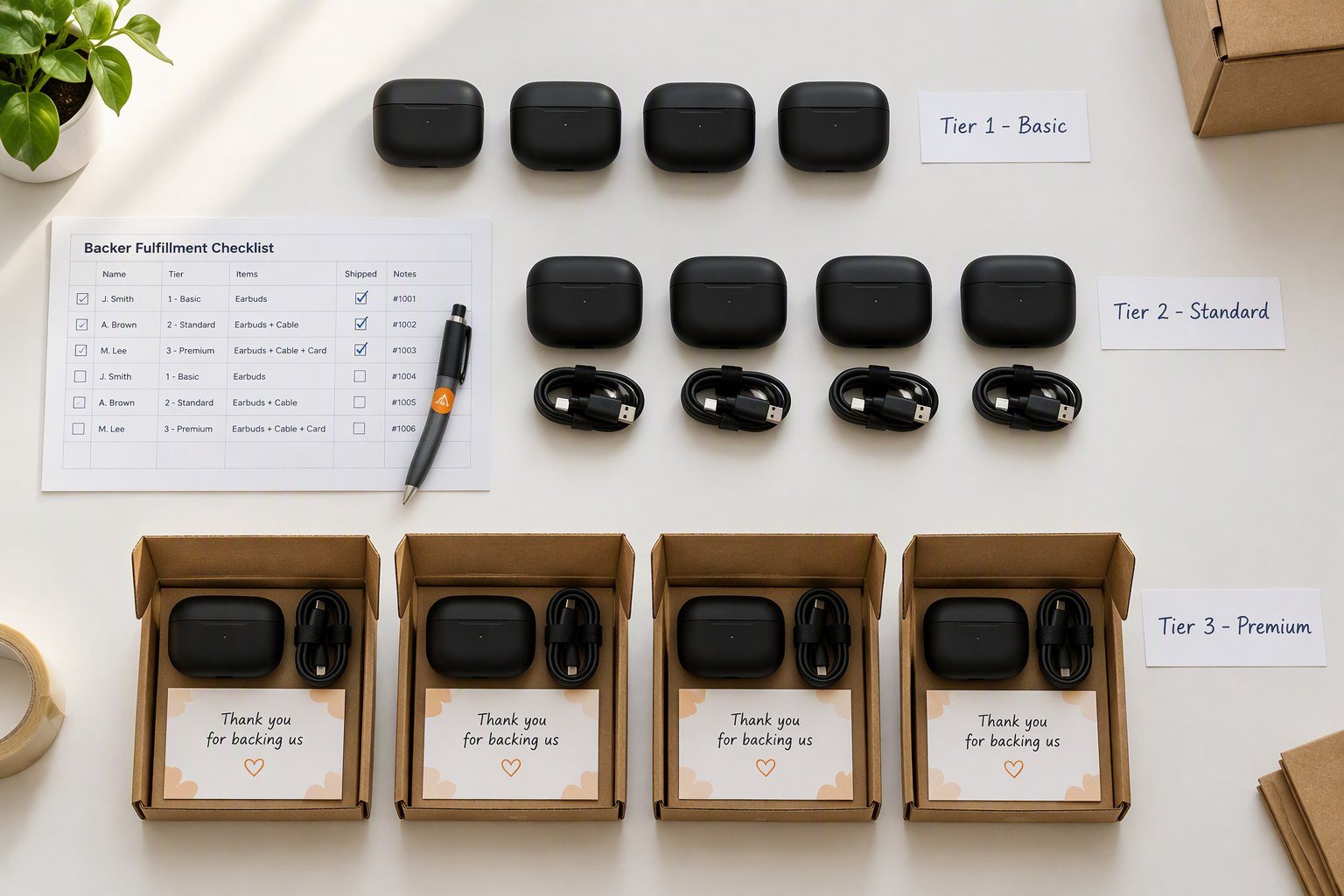 Illustrative crowdfunding reward tier sorting and kit assembly