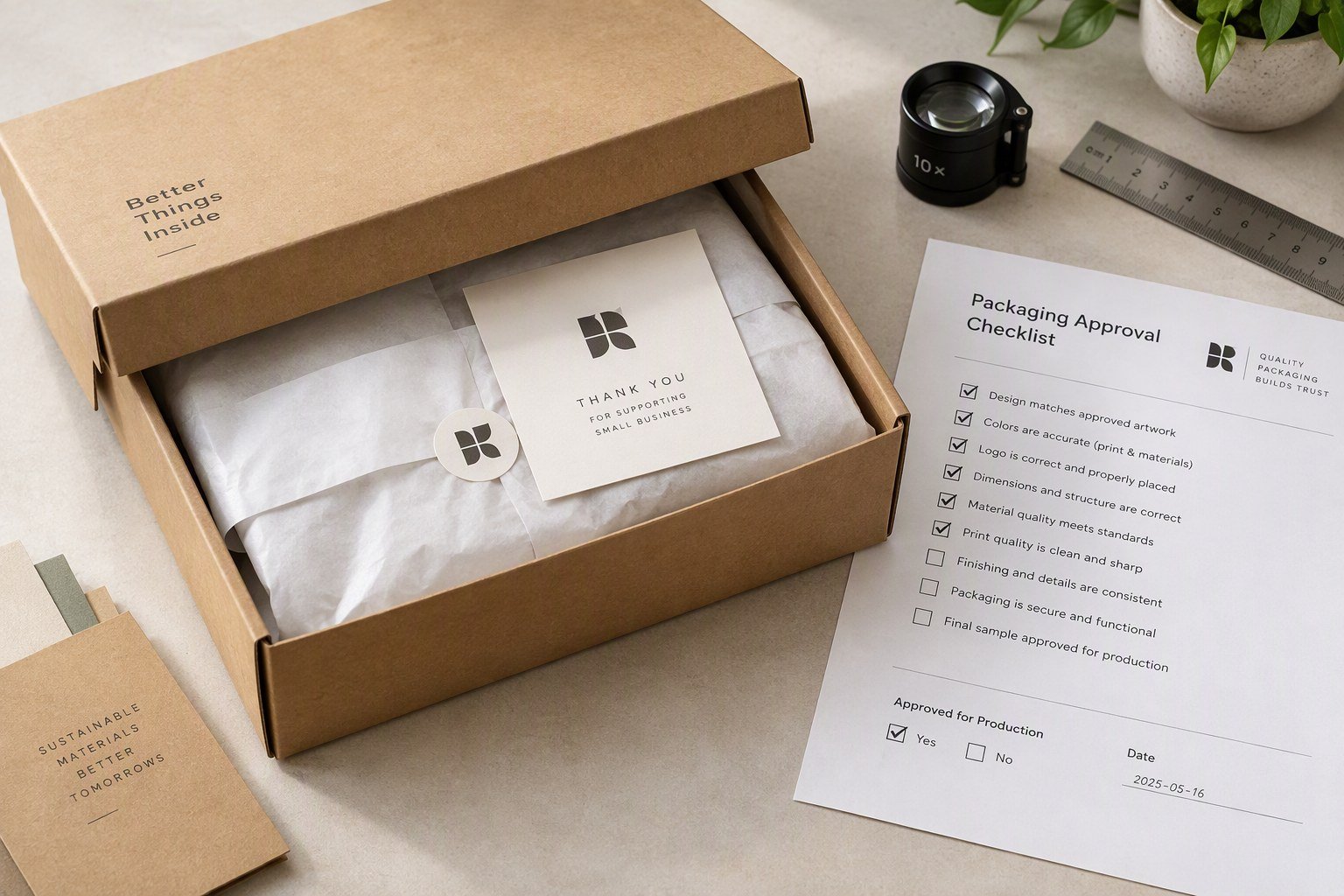 Illustrative private label packaging approval: custom kraft box with insert beside printed approval checklist